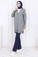Tesettür giyim GRİ T 6713 BN UZUN MERSERİZE HIRKA