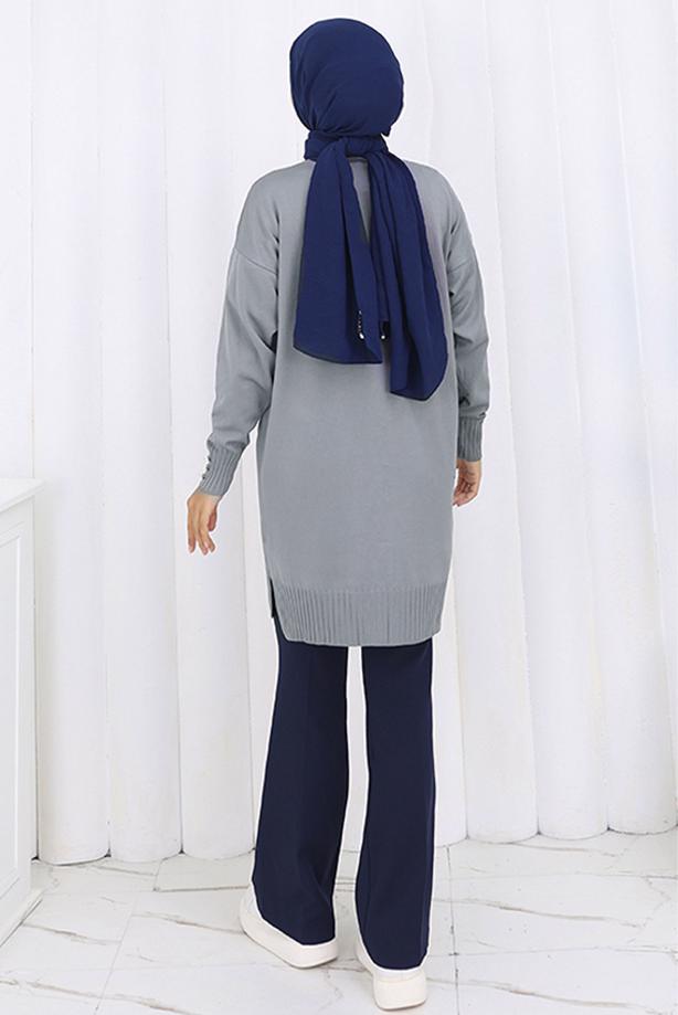Tesettür giyim GRİ T 6713 BN UZUN MERSERİZE HIRKA - TRENDTESETTÜR