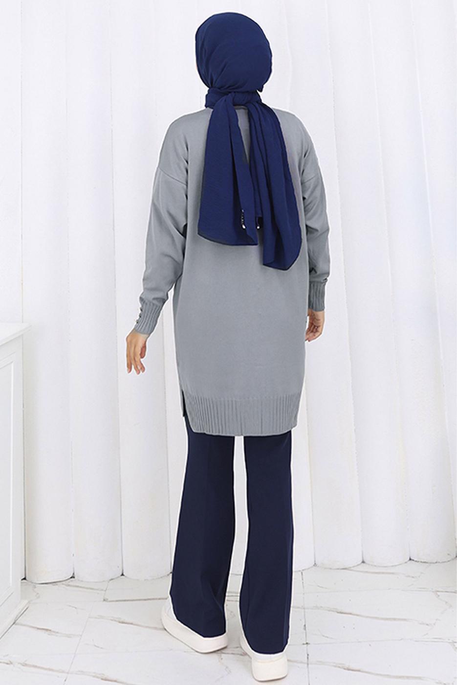 Tesettür giyim GRİ T 6713 BN UZUN MERSERİZE HIRKA
