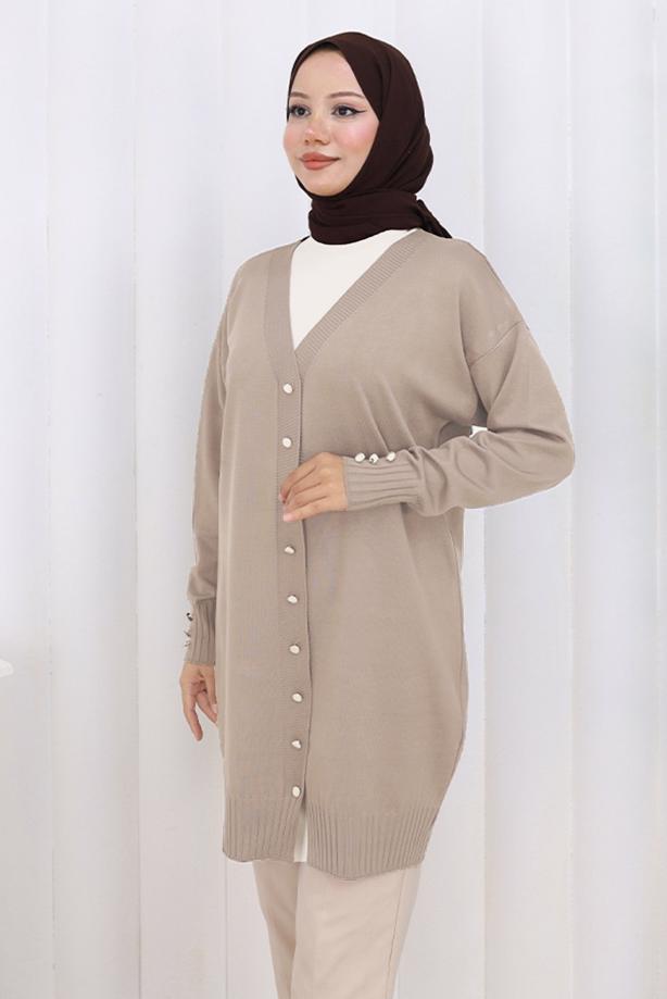 Tesettür giyim BEJ T 6713 BN UZUN MERSERİZE HIRKA - TRENDTESETTÜR
