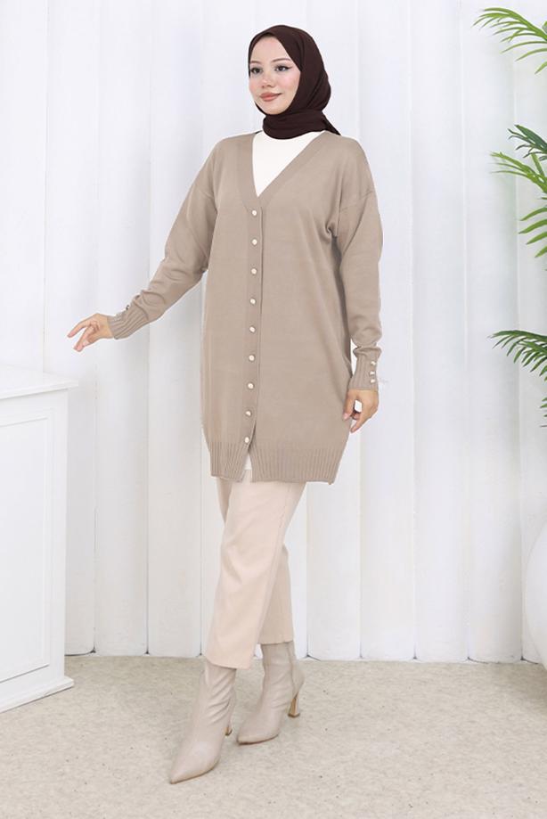 Tesettür giyim BEJ T 6713 BN UZUN MERSERİZE HIRKA - TRENDTESETTÜR