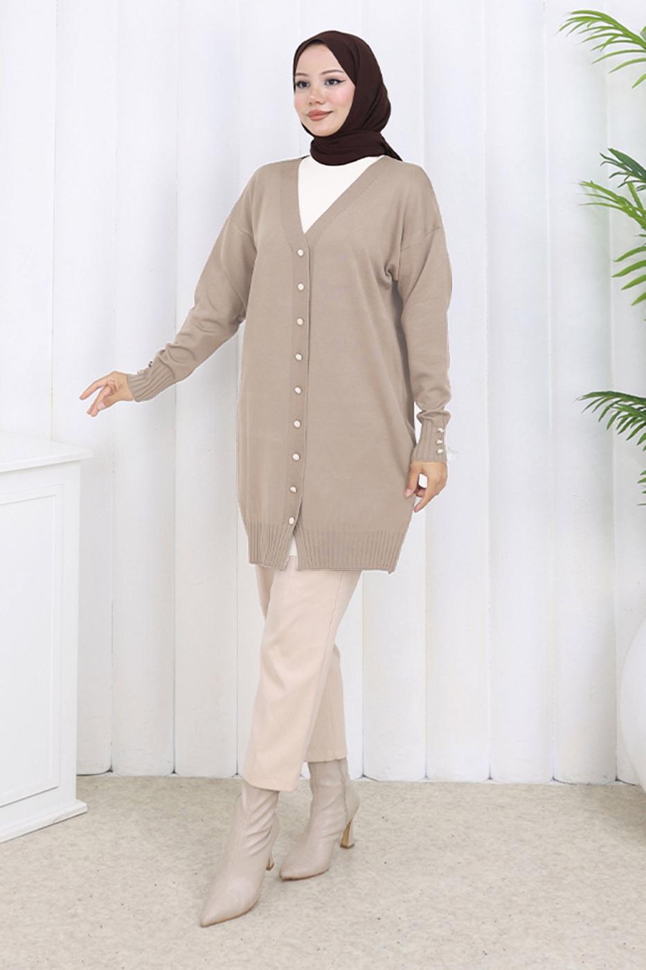 Tesettür giyim BEJ T 6713 BN UZUN MERSERİZE HIRKA
