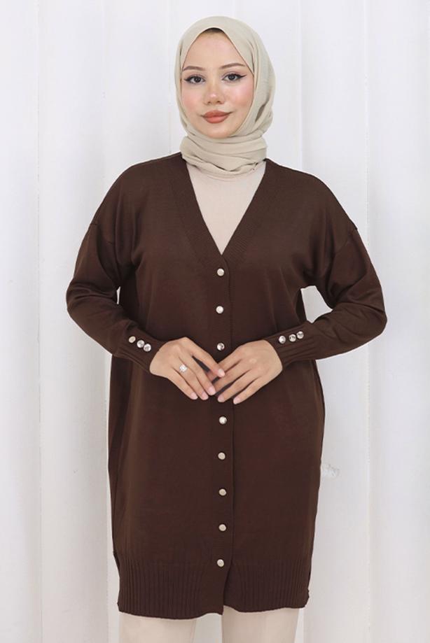Tesettür giyim KAHVE T 6713 BN UZUN MERSERİZE HIRKA - TRENDTESETTÜR