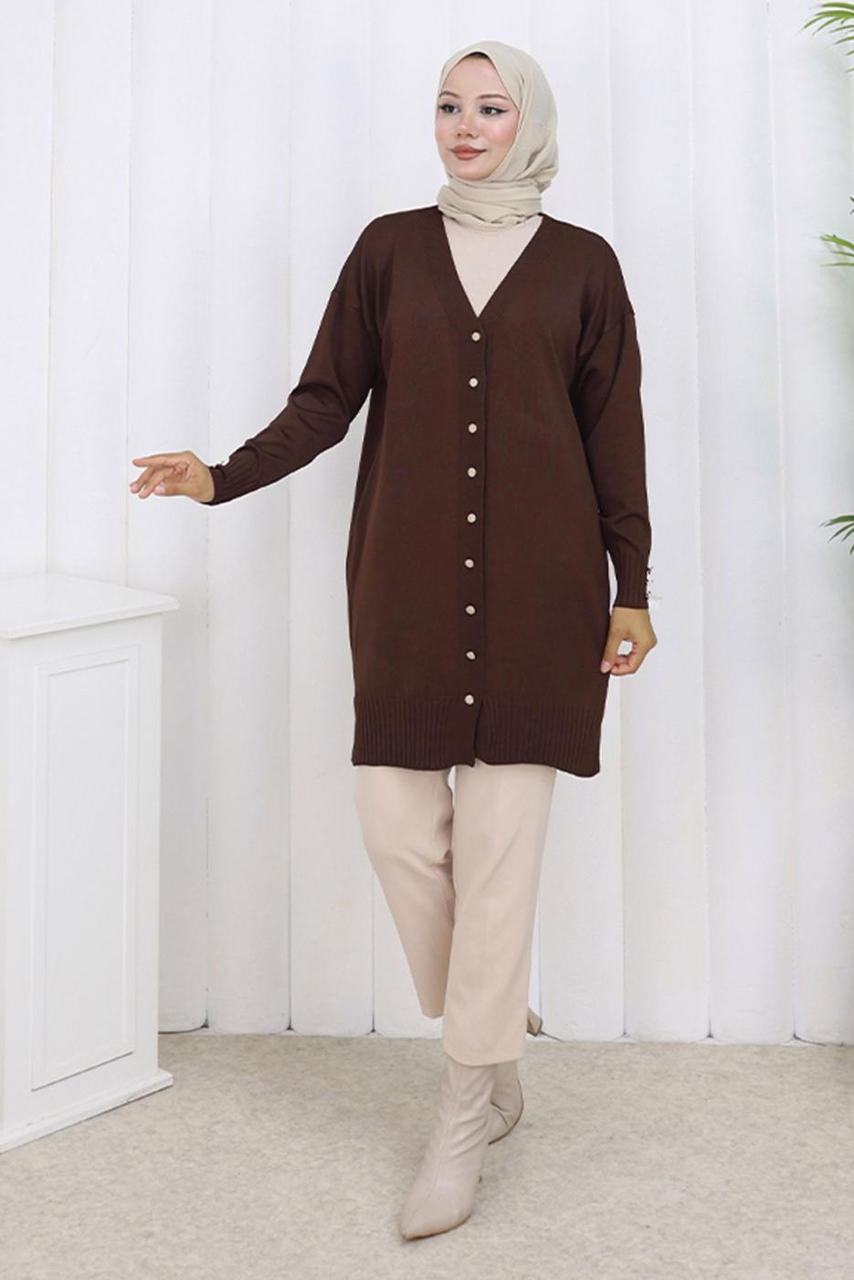 Hijab clothing BROWN T 6713 BN UZUN MERSERİZE HIRKA
