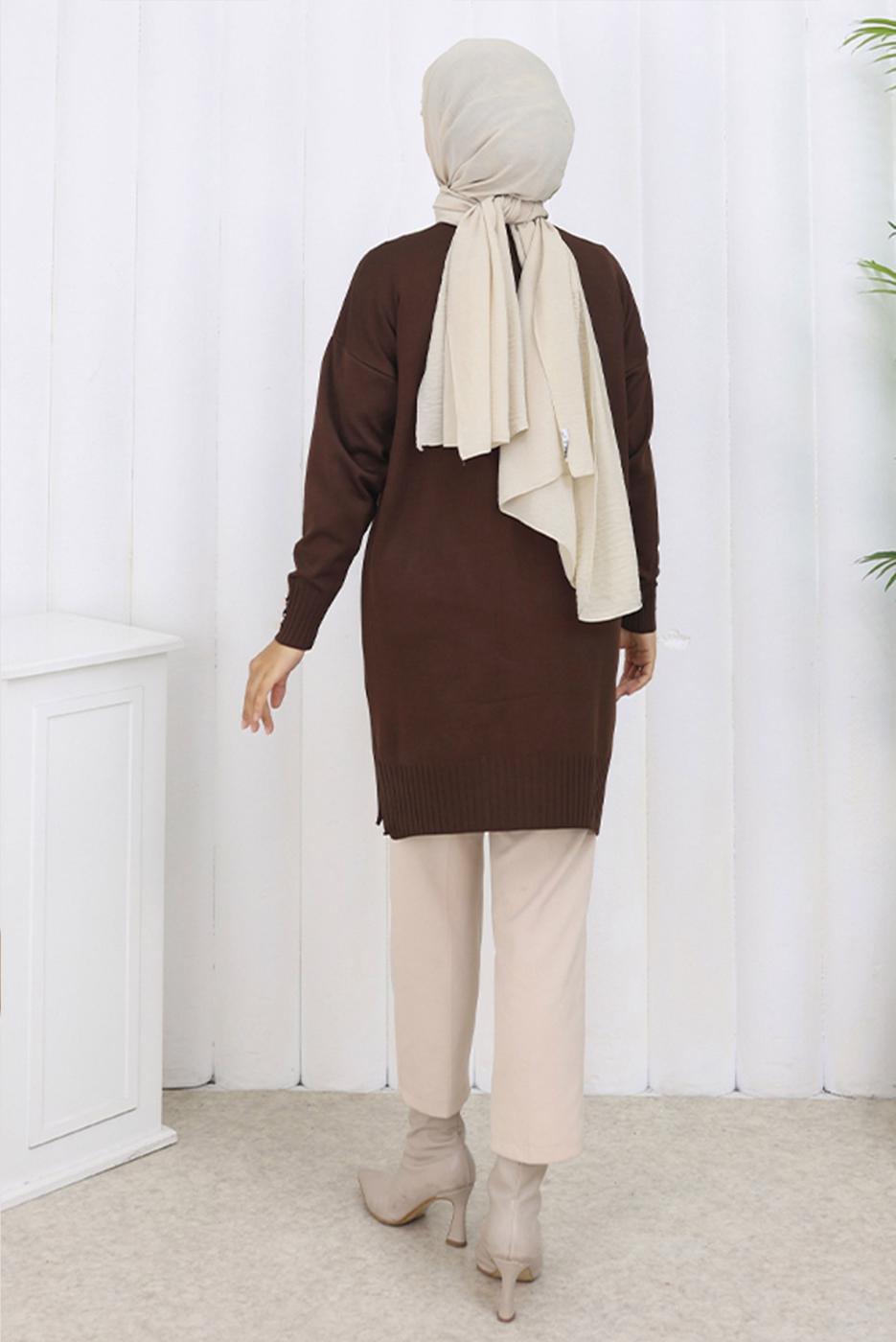 Hijab clothing BROWN T 6713 BN UZUN MERSERİZE HIRKA