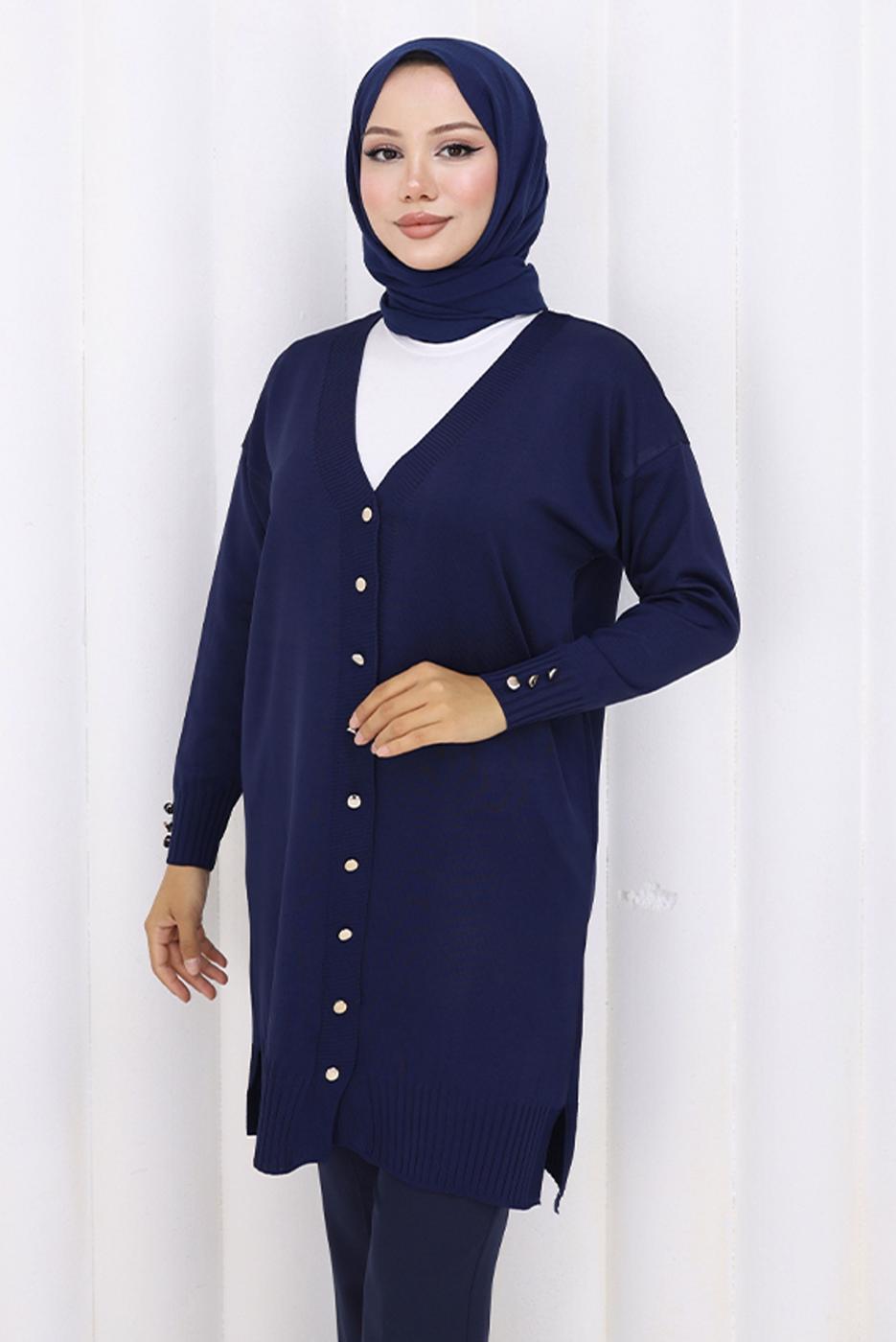 Hijab clothing NAVY BLUE T 6713 BN UZUN MERSERİZE HIRKA