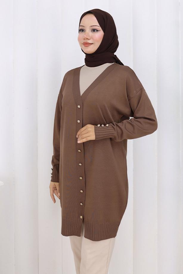 Tesettür giyim VİZON T 6713 BN UZUN MERSERİZE HIRKA - TRENDTESETTÜR