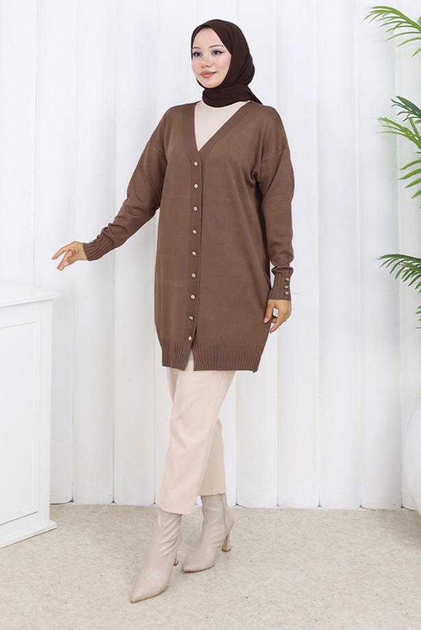 Tesettür giyim VİZON T 6713 BN UZUN MERSERİZE HIRKA - TRENDTESETTÜR