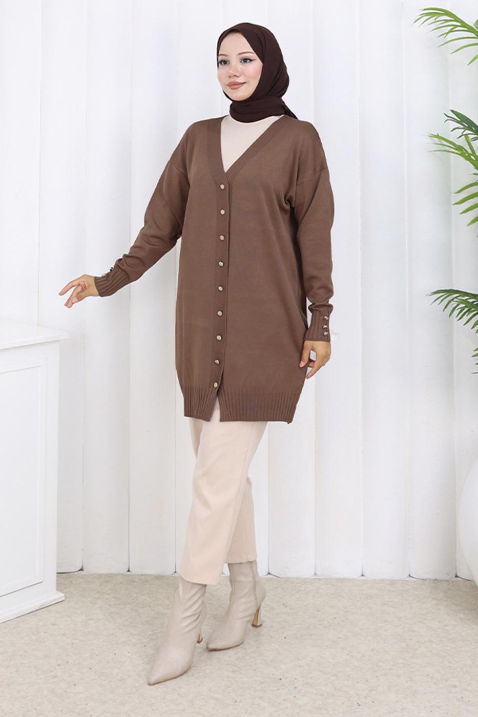 Tesettür giyim VİZON T 6713 BN UZUN MERSERİZE HIRKA