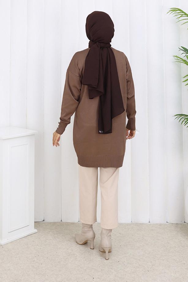 Tesettür giyim VİZON T 6713 BN UZUN MERSERİZE HIRKA - TRENDTESETTÜR