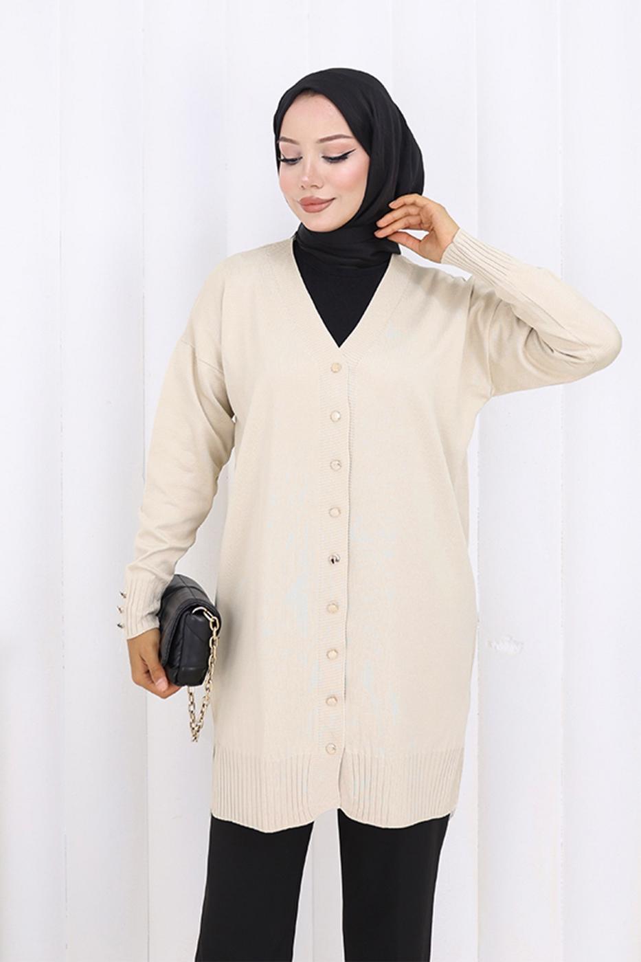 Tesettür giyim BEJ T 6713 BN UZUN MERSERİZE HIRKA