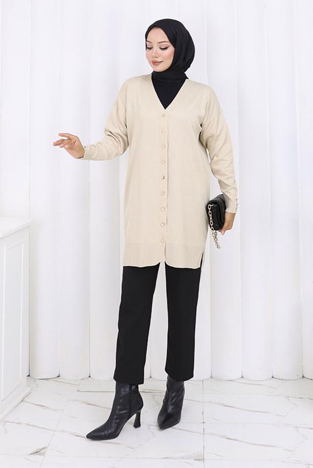 Tesettür giyim BEJ T 6713 BN UZUN MERSERİZE HIRKA - TRENDTESETTÜR