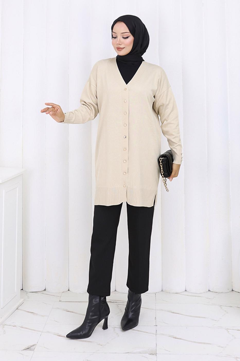 Tesettür giyim BEJ T 6713 BN UZUN MERSERİZE HIRKA