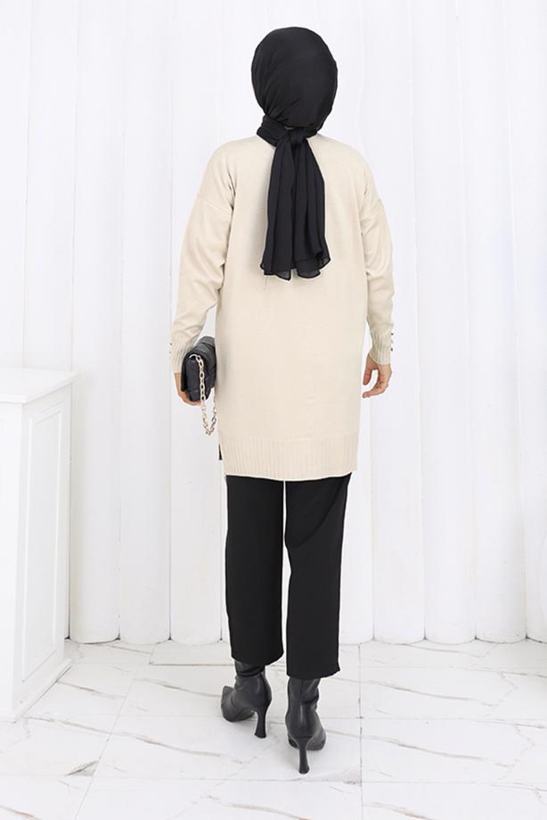 Tesettür giyim BEJ T 6713 BN UZUN MERSERİZE HIRKA - TRENDTESETTÜR