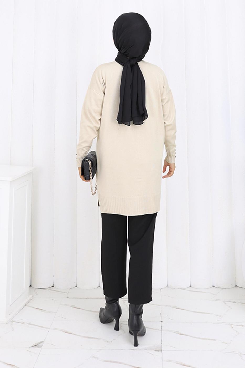Tesettür giyim BEJ T 6713 BN UZUN MERSERİZE HIRKA