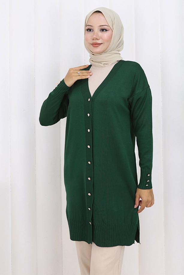 Tesettür giyim YEŞİL T 6713 BN UZUN MERSERİZE HIRKA - TRENDTESETTÜR