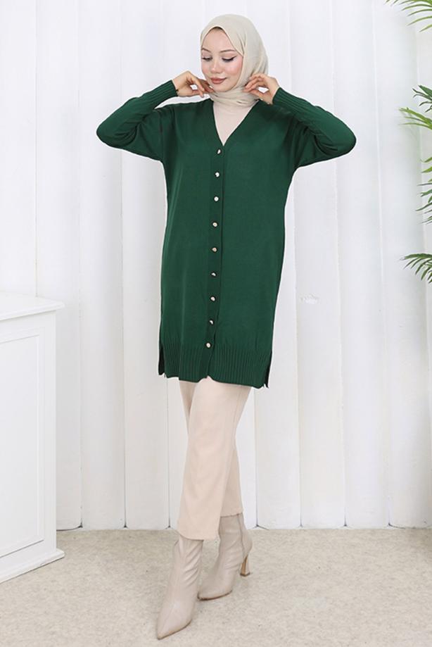 Tesettür giyim YEŞİL T 6713 BN UZUN MERSERİZE HIRKA - TRENDTESETTÜR