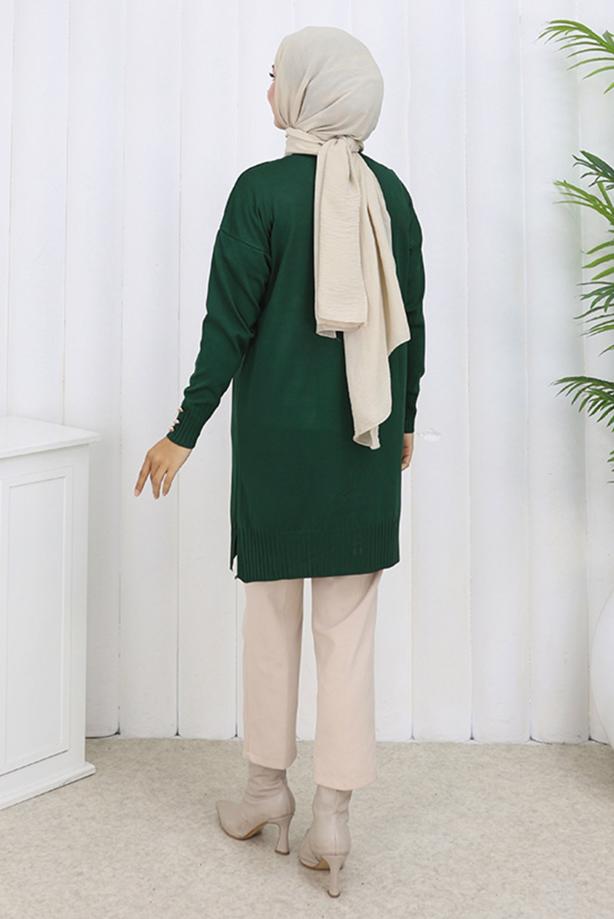 Tesettür giyim YEŞİL T 6713 BN UZUN MERSERİZE HIRKA - TRENDTESETTÜR