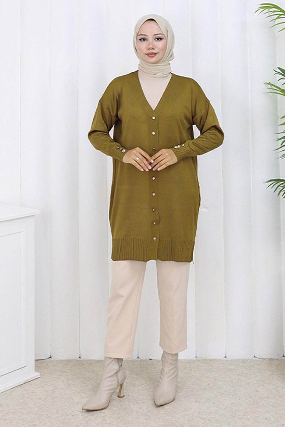 Hijab clothing GREEN T 6713 BN UZUN MERSERİZE HIRKA