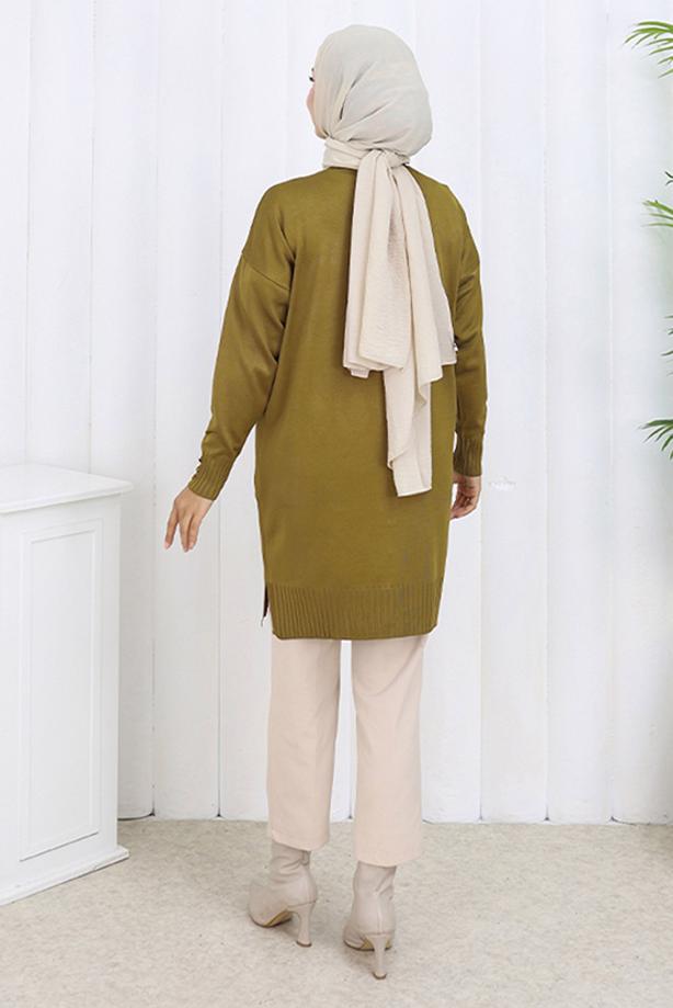 Tesettür giyim YEŞİL T 6713 BN UZUN MERSERİZE HIRKA - TRENDTESETTÜR