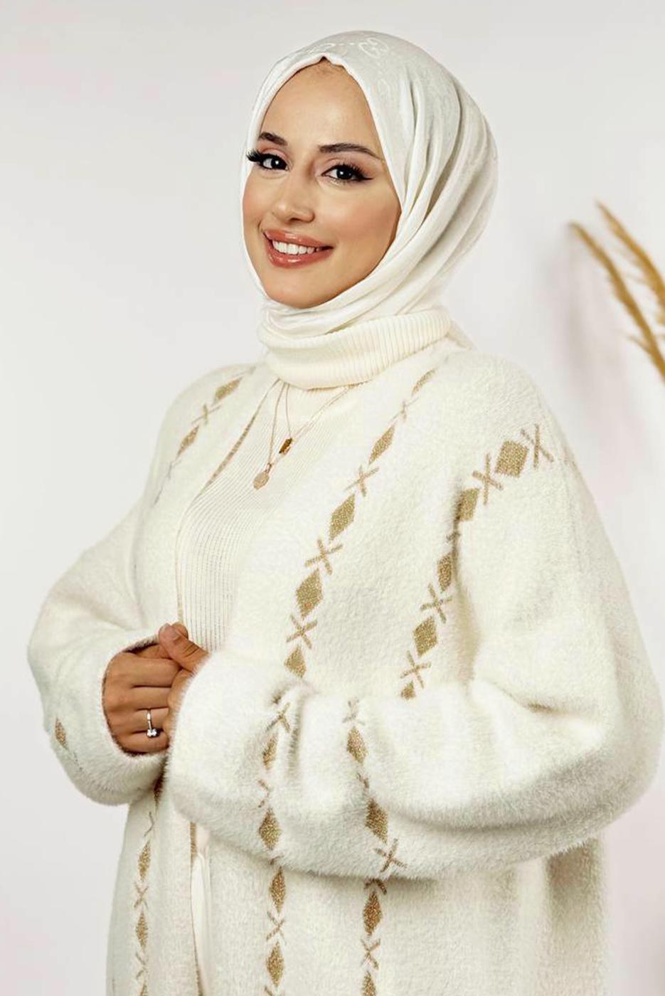 Tesettür giyim EKRU DESENLİ HIRKA T 72381