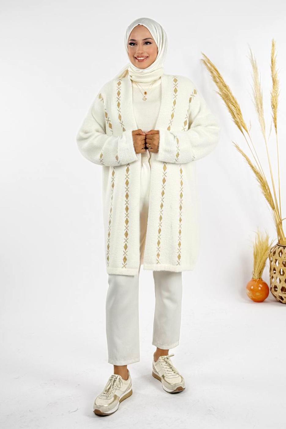 Tesettür giyim EKRU DESENLİ HIRKA T 72381