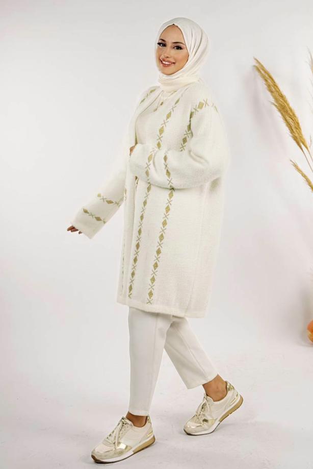 Tesettür giyim EKRU DESENLİ HIRKA T 72381 - TRENDTESETTÜR