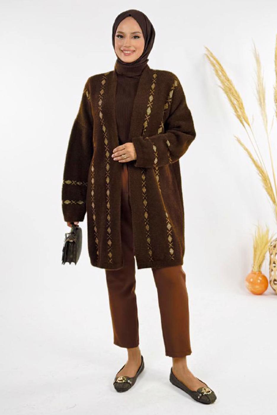 Tesettür giyim KAHVE DESENLİ HIRKA T 72381