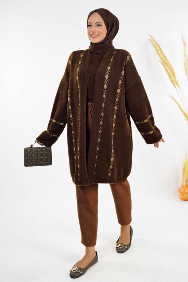 Tesettür giyim KAHVE DESENLİ HIRKA T 72381 - TRENDTESETTÜR