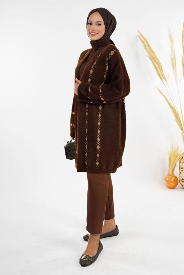 Tesettür giyim KAHVE DESENLİ HIRKA T 72381 - TRENDTESETTÜR
