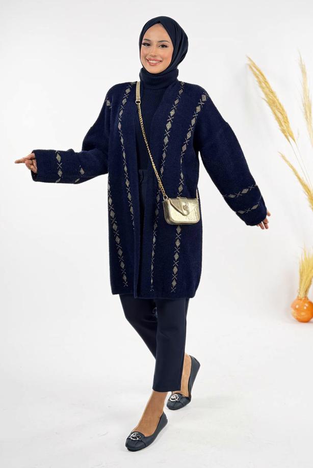 Tesettür giyim LACİVERT DESENLİ HIRKA T 72381 - TRENDTESETTÜR