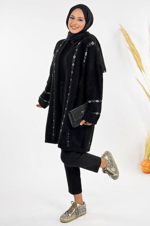 Tesettür giyim SİYAH DESENLİ HIRKA T 72381 - TRENDTESETTÜR