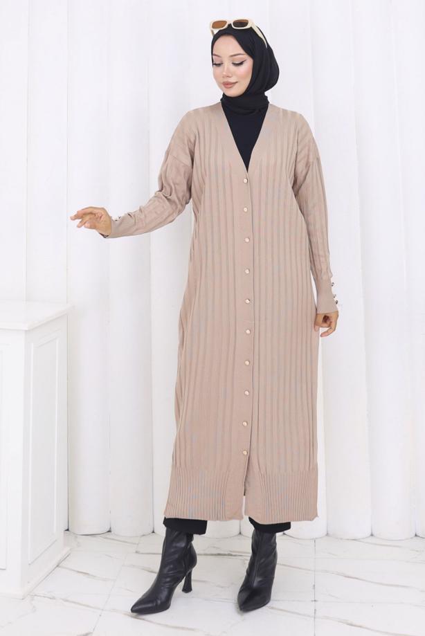 Tesettür giyim BEJ UZUN TRİKO HIRKA T 7523 - TRENDTESETTÜR