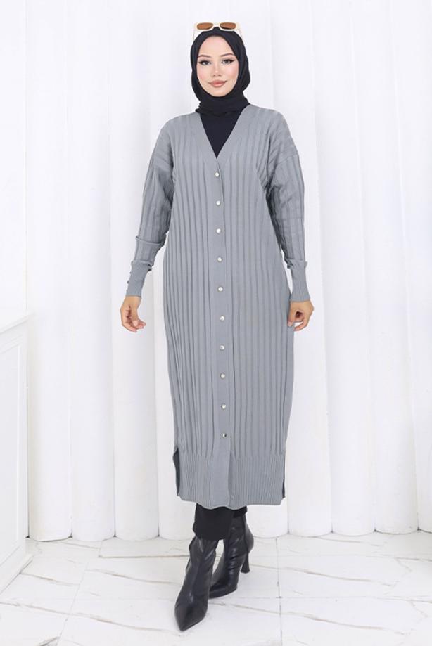 Tesettür giyim GRİ UZUN TRİKO HIRKA T 7523 - TRENDTESETTÜR