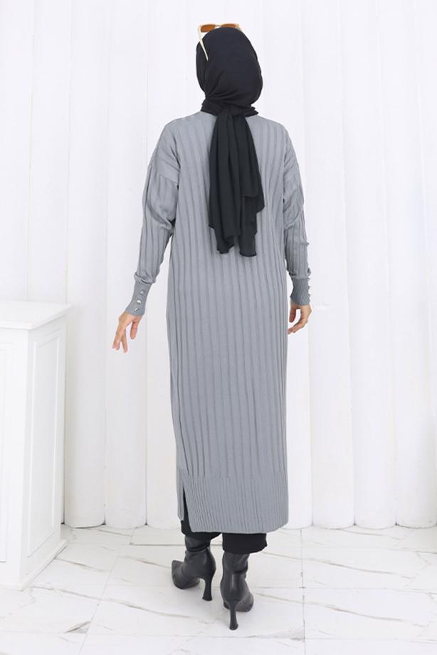 Tesettür giyim GRİ UZUN TRİKO HIRKA T 7523 - TRENDTESETTÜR