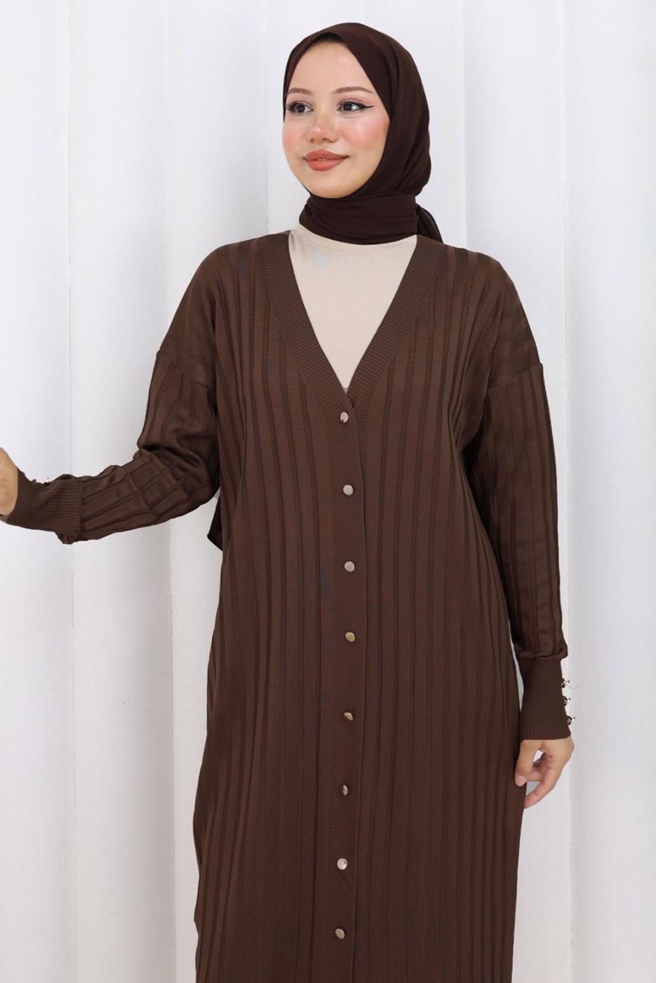 Tesettür giyim KAHVE UZUN TRİKO HIRKA T 7523