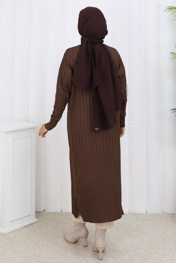 Tesettür giyim KAHVE UZUN TRİKO HIRKA T 7523 - TRENDTESETTÜR
