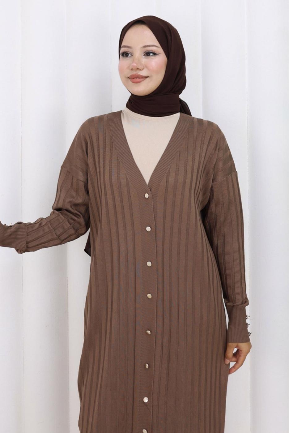 Tesettür giyim VİZON UZUN TRİKO HIRKA T 7523