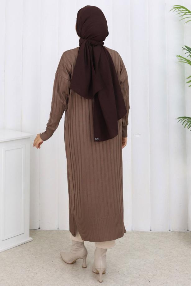 Tesettür giyim VİZON UZUN TRİKO HIRKA T 7523 - TRENDTESETTÜR