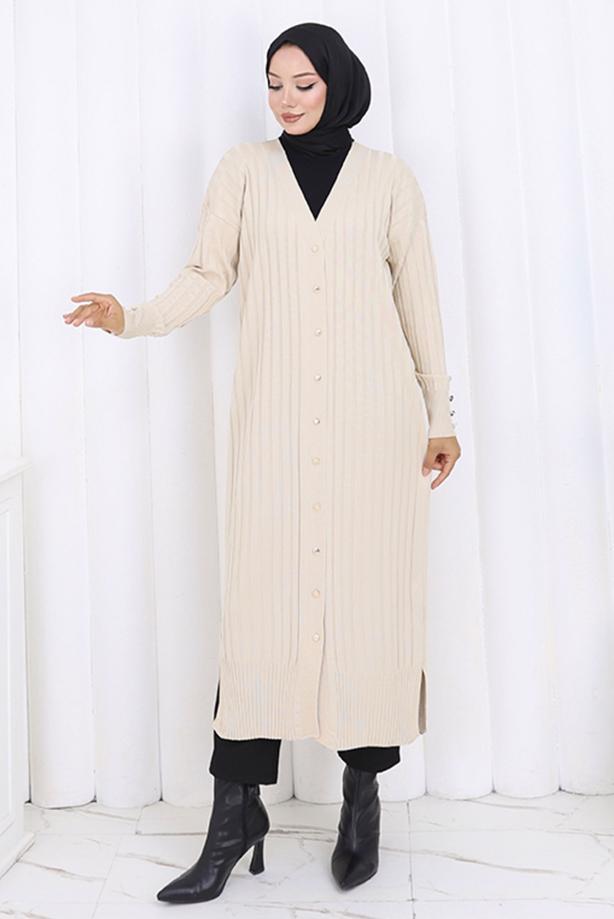 Tesettür giyim BEJ UZUN TRİKO HIRKA T 7523 - TRENDTESETTÜR