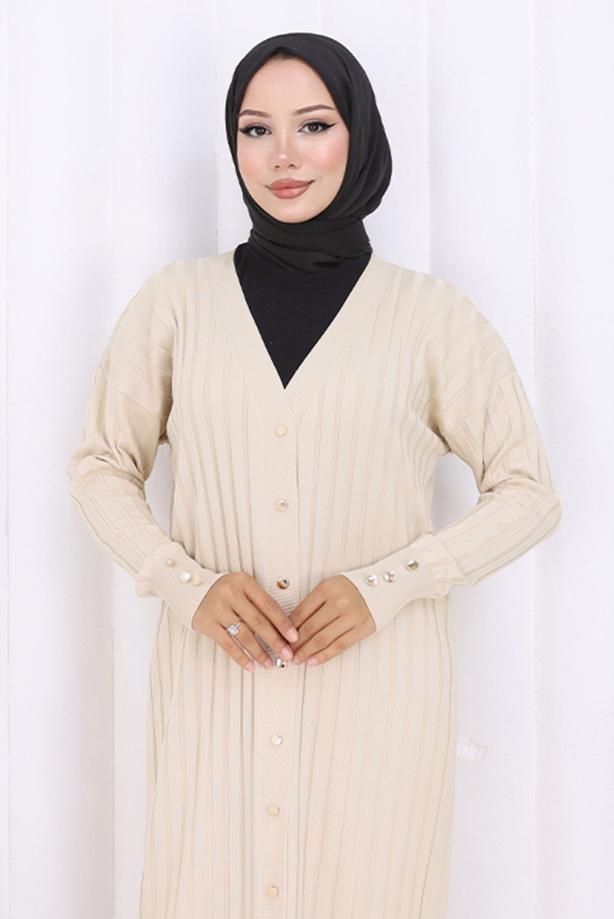 Tesettür giyim BEJ UZUN TRİKO HIRKA T 7523 - TRENDTESETTÜR
