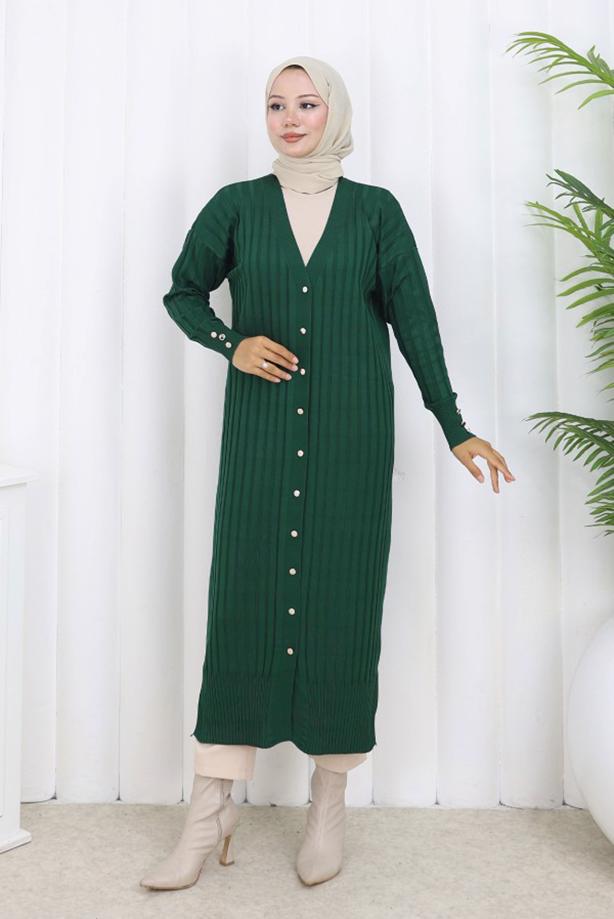 Tesettür giyim YEŞİL T 7523 BN MERSERİZE HIRKA - TRENDTESETTÜR