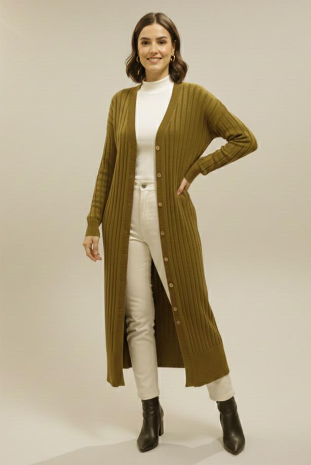 Tesettür giyim YEŞİL UZUN TRİKO HIRKA T 7523 - TRENDTESETTÜR