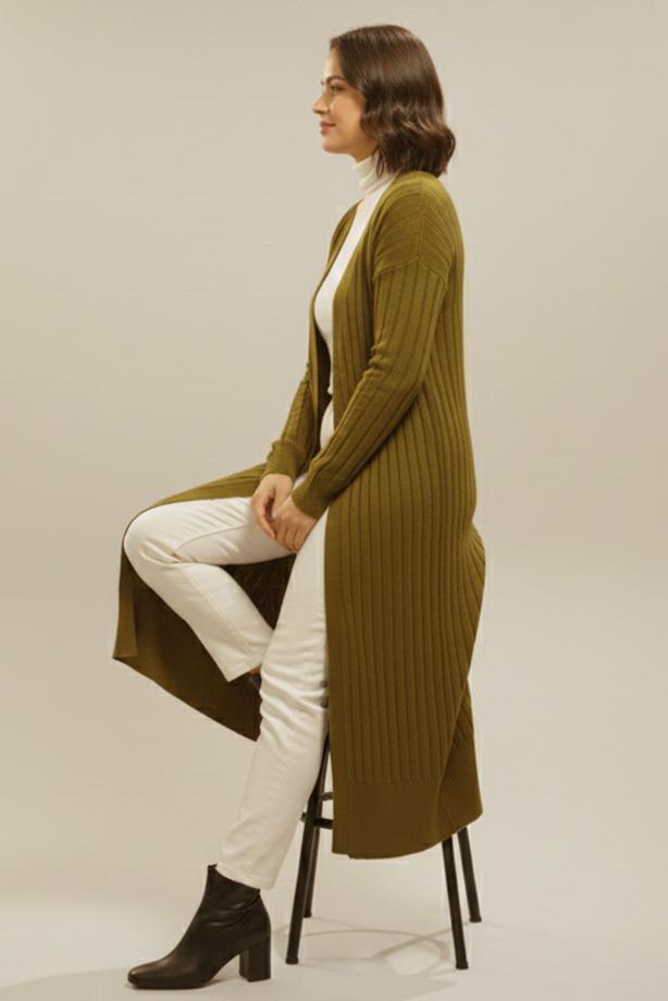 Tesettür giyim YEŞİL UZUN TRİKO HIRKA T 7523 - TRENDTESETTÜR