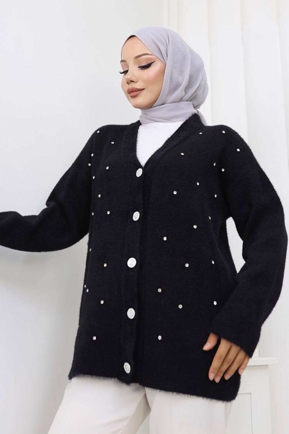 Tesettür giyim SİYAH TAŞ DETAYLI HIRKA T 80352