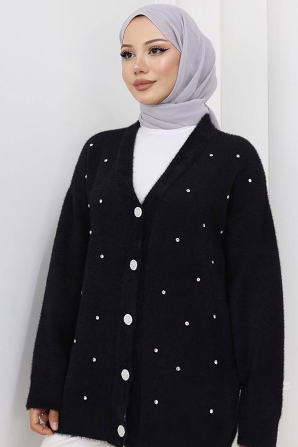 Tesettür giyim SİYAH TAŞ DETAYLI HIRKA T 80352 - TRENDTESETTÜR