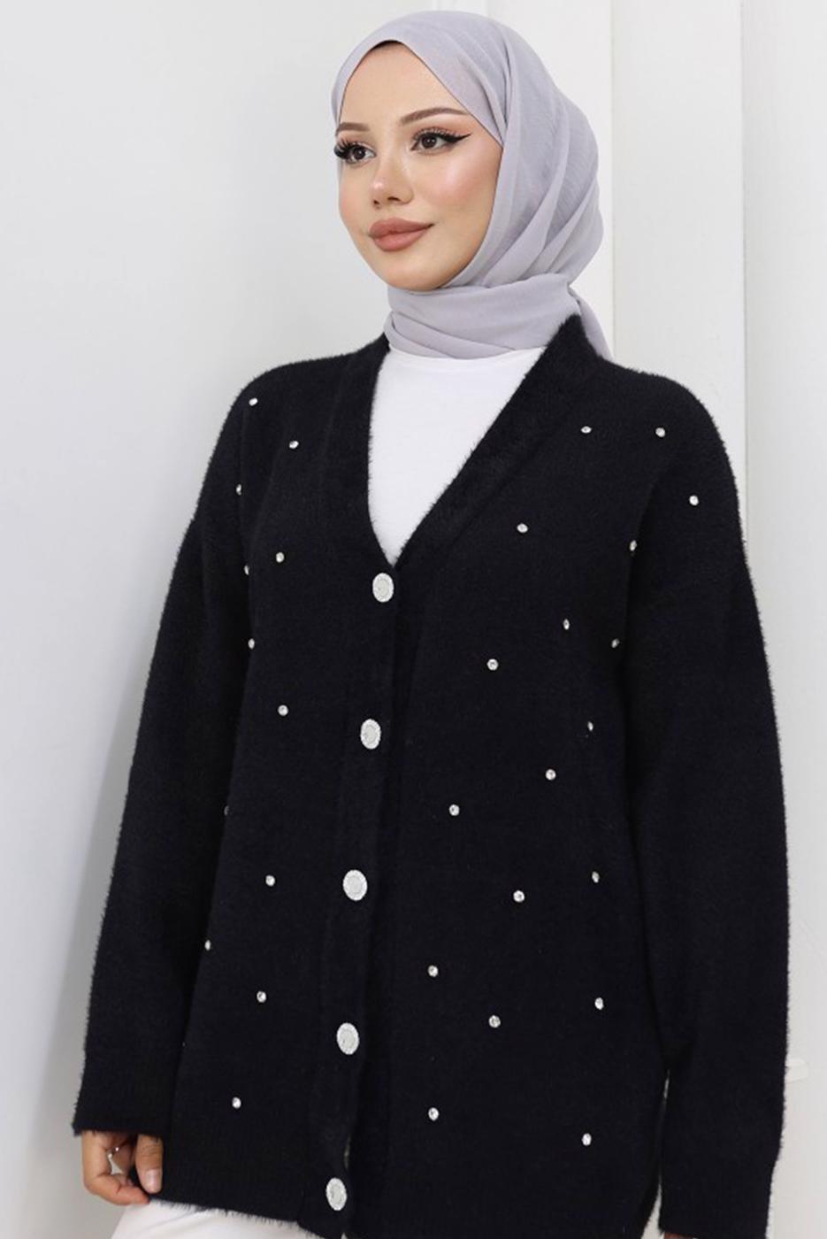 Tesettür giyim SİYAH TAŞ DETAYLI HIRKA T 80352