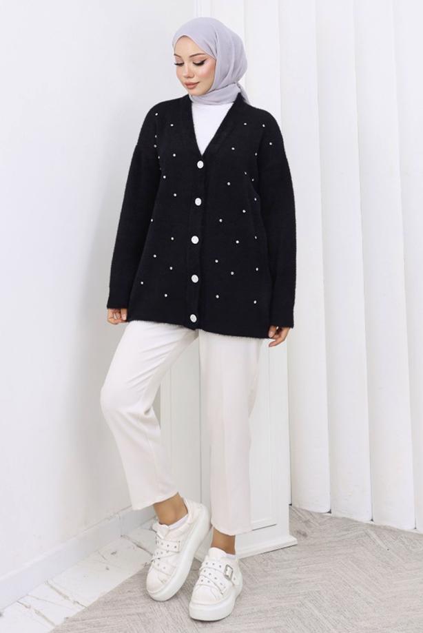 Tesettür giyim SİYAH TAŞ DETAYLI HIRKA T 80352 - TRENDTESETTÜR