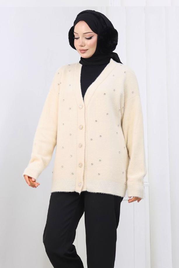 Tesettür giyim BEJ TAŞ DETAYLI HIRKA T 80352 - TRENDTESETTÜR