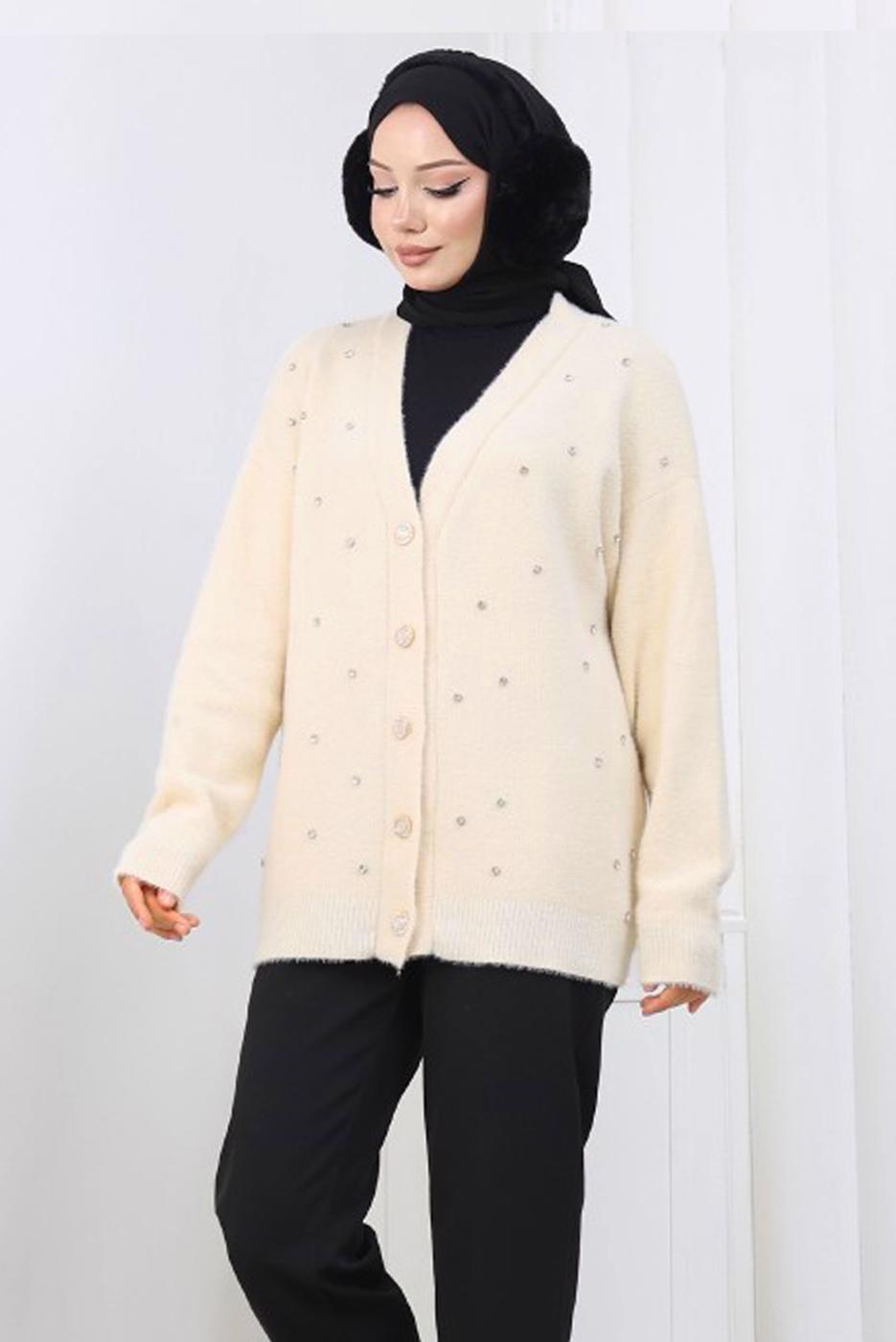 Tesettür giyim BEJ TAŞ DETAYLI HIRKA T 80352